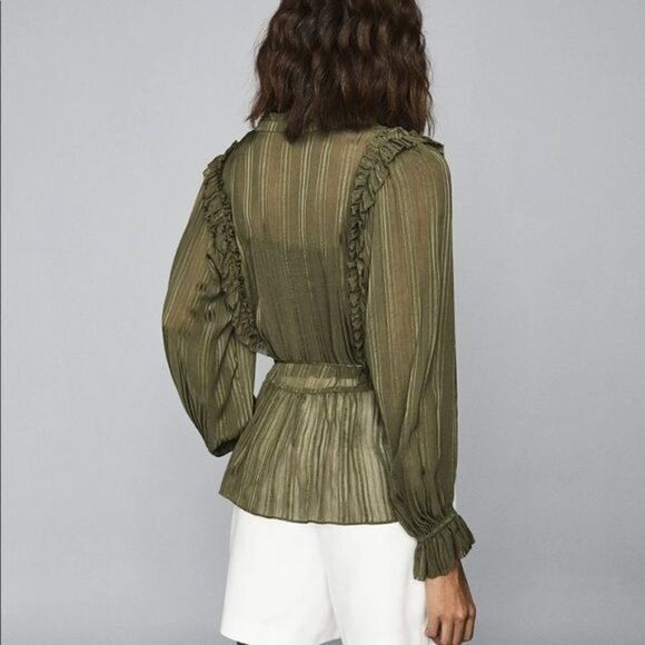 Reiss Alandra Sheer Ruffle Top Khaki Size 12 - Picture 3 of 13
